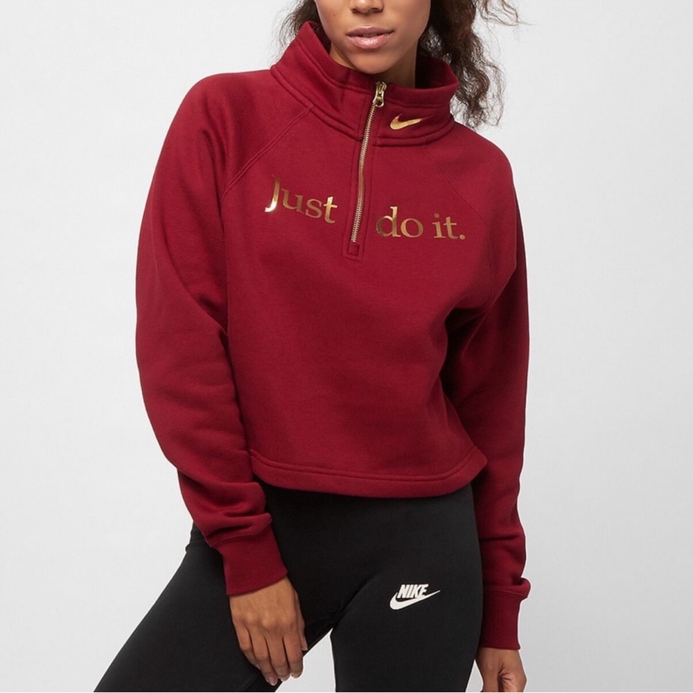 Nike Sportswear Shine Quarter Zip Crop Pullover Sz M In Red / Metallic Gold